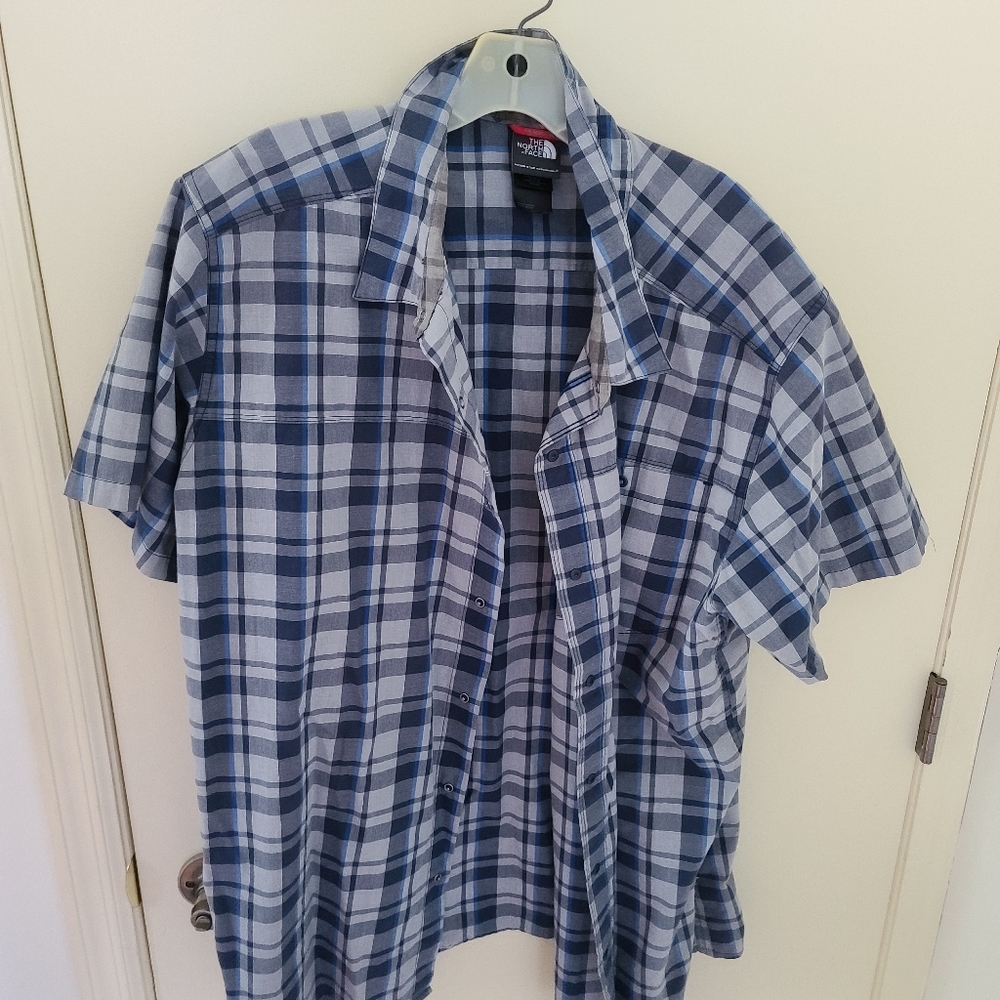 North Face button down shirt blue and black plaid